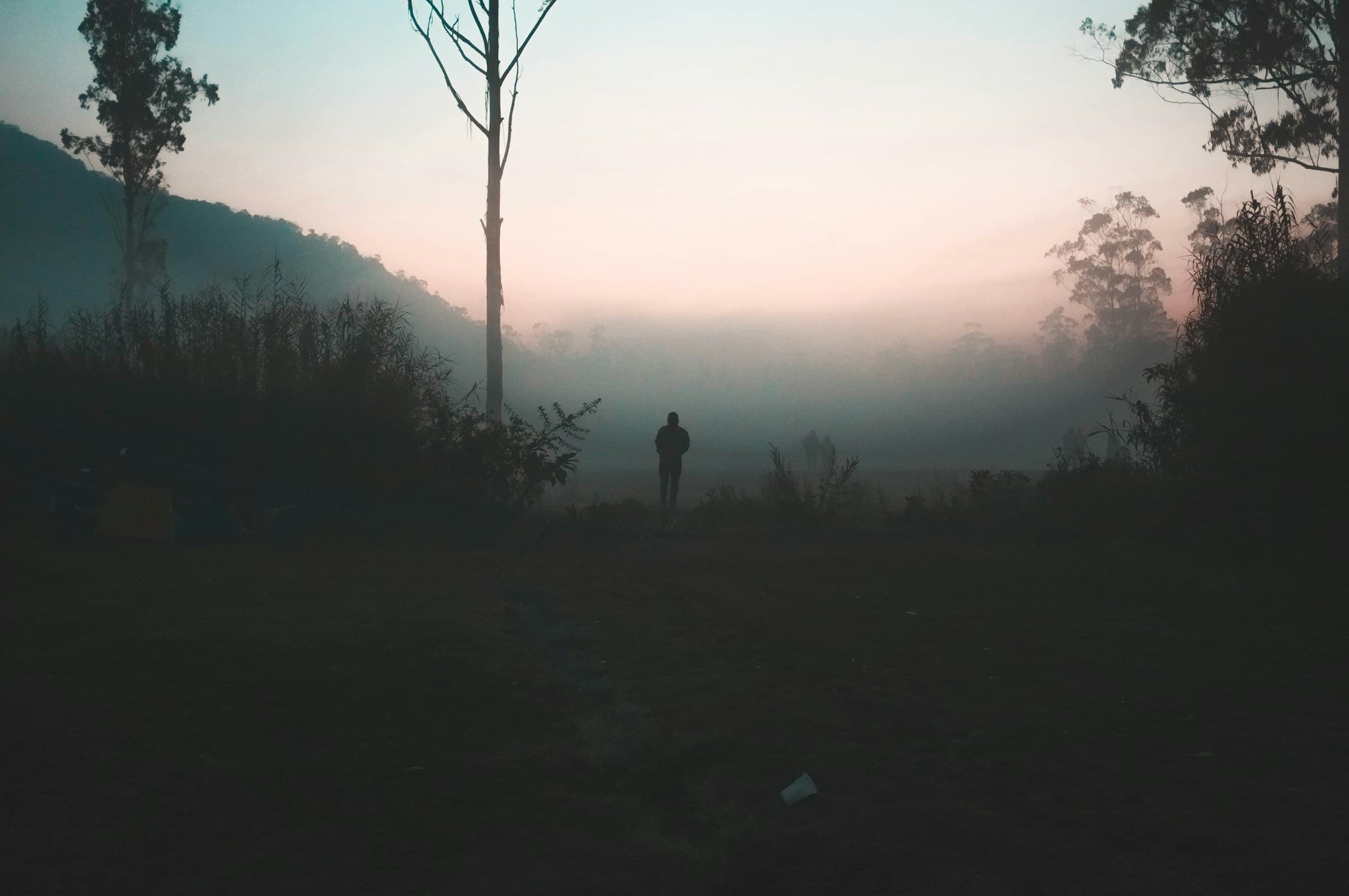 Dark battlefield fog from Unsplash—chaos of PTSD and despair.